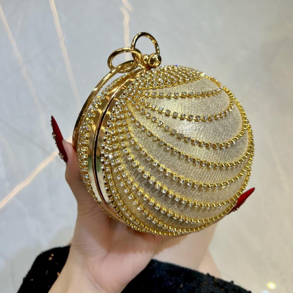 2025 Luxury Diamond Evening Bags For Women Round Shape Shoulder Crossbody Bags Rhinestones Chain Party Wedding Clutch