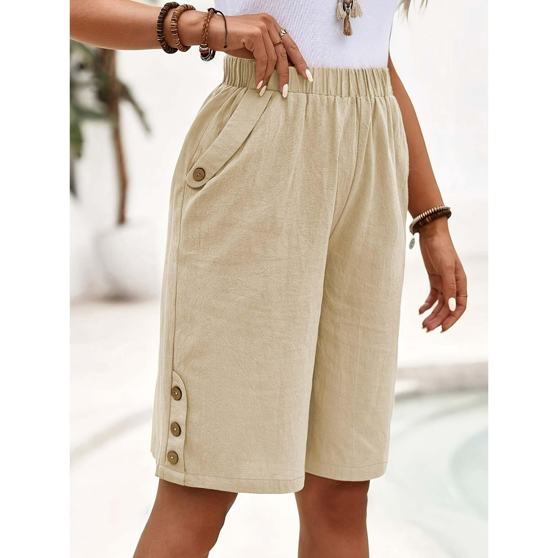 Cotton and Linen Shorts, Five-point Pants, Women s Solid Color Pants, Straight Pants XS хаки