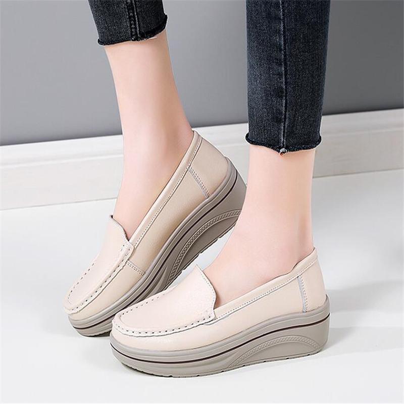 Spring Autumn Women Loafers Flats Ladies Genuine Leather Moccasins Fall Slip-on Casual Round Toe Handmade Platform Shoes