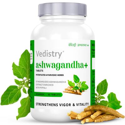 Vedistry Ashwagandha+ Tablets – 60 Tablets | Ayurvedic Tablets for Stamina, Stress, Rejuvenates Mind & Immunity Support with Ashwagandha & Piper