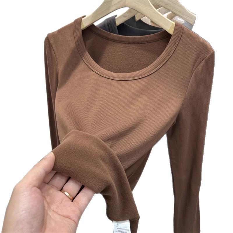 Women's Slim-Fit Double-Sided Plush U-Neck Base Layer Top - Long-Sleeve, Autumn/Winter Warm Inner Wear, 2025 Collection