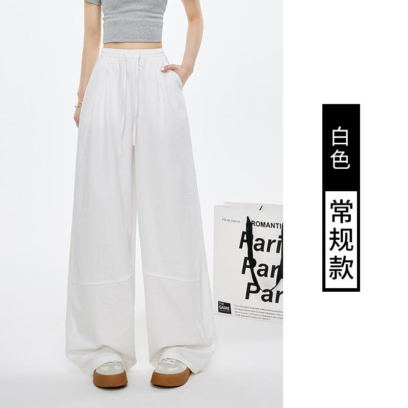 Retro splicing wide-leg pants women's autumn new high-waisted elastic waist lace-up loose casual tooling trousers