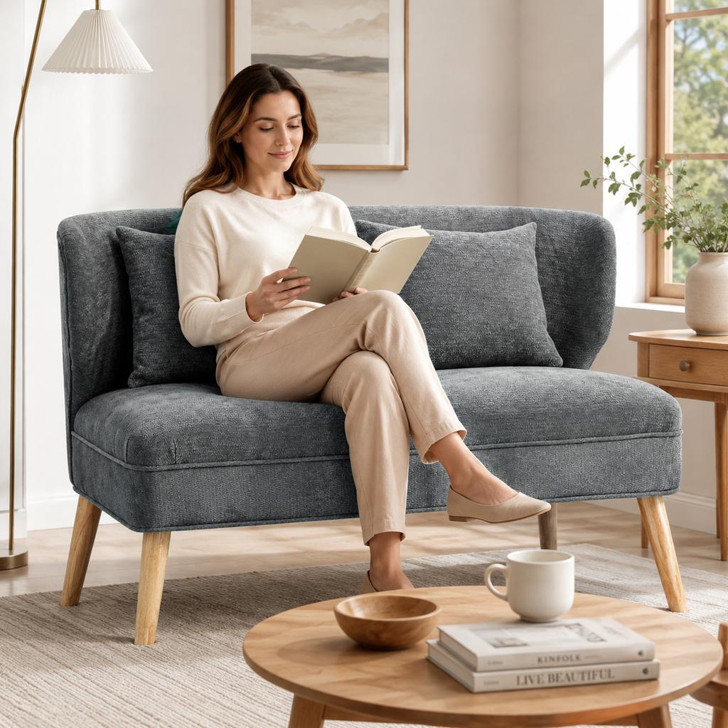 2 Seater Sofa Small Chenille Sofa With Wing Back Thick Seat Rubber Tree Wood Feet Gray