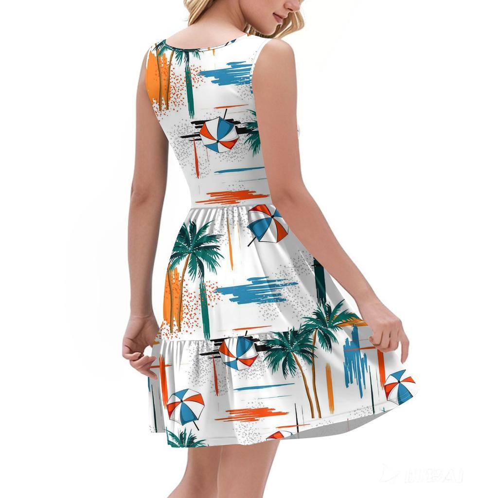 Women's Summer Fashion Casual V-Neck Pleated Stitching Hawaiian Floral Print Sleeveless Pocket Vest Dress