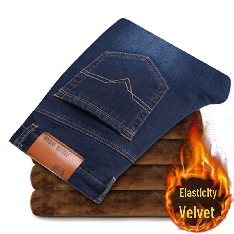 2025 Autumn Winter Men's Plus Velvet Thick Straight-Leg Jeans - Large Size, Loose Fit, Business Casual Youth Denim