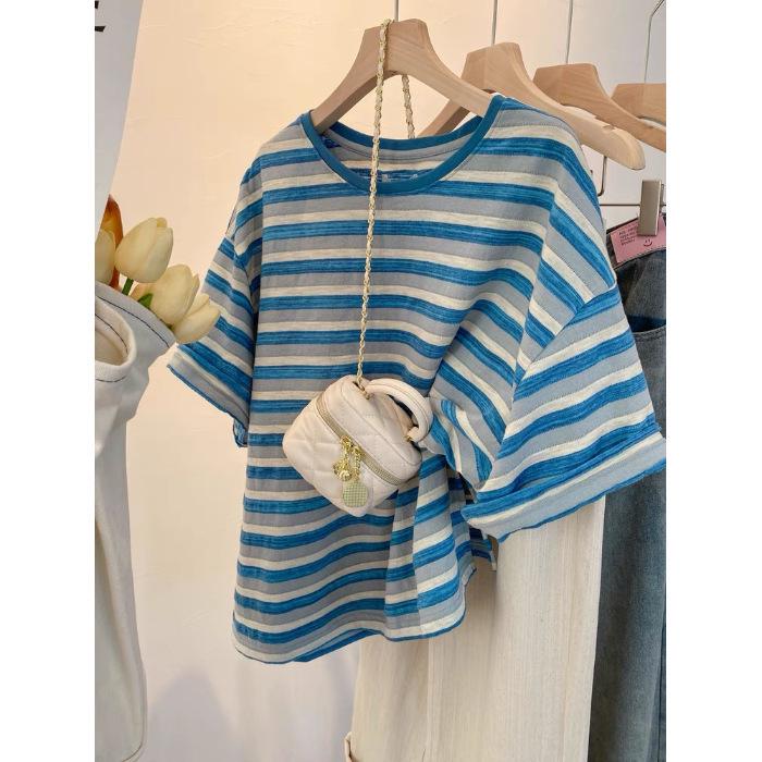 Plus Size Green Striped Short Sleeve Women's Summer T-Shirt - Lightweight, Loose Fit