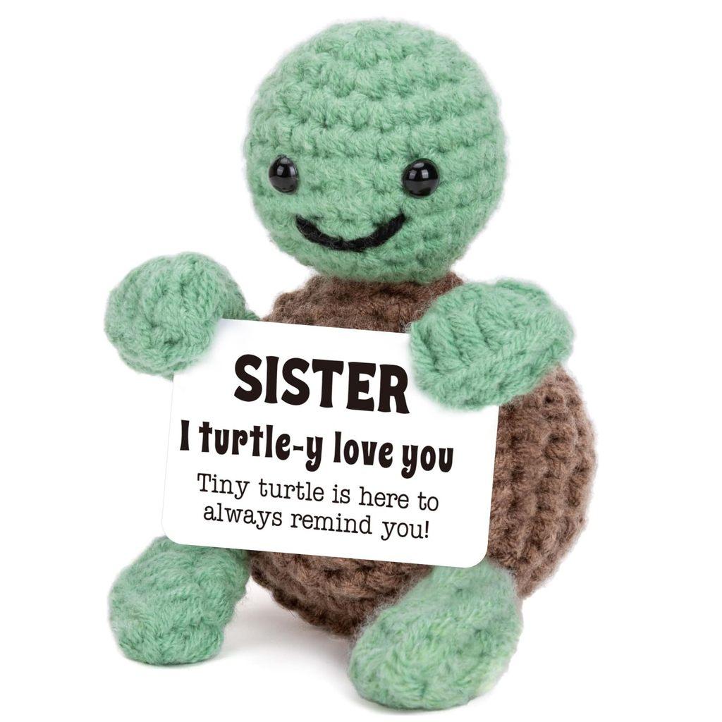 Mini Funny Turtle Positive Crochet Animals Doll With Card Desktop Ornament Emotional Support Handmade Knitted Cheer Up Toy