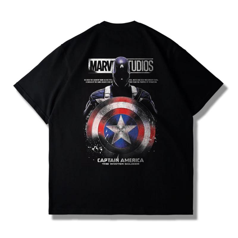 Avengers Marvel Captain America Shield Men's Autumn Break Short Sleeve T-shirt Men's and Women's Loose Plus Size Top Clothing