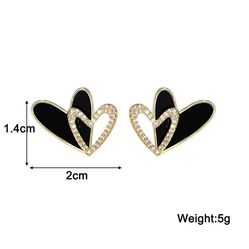 Black Enamel Bilayer Heart Stud Earrings Hollow Crystal Love Heart Earrings for Women Korean Lovely Ear Accessories Brincos