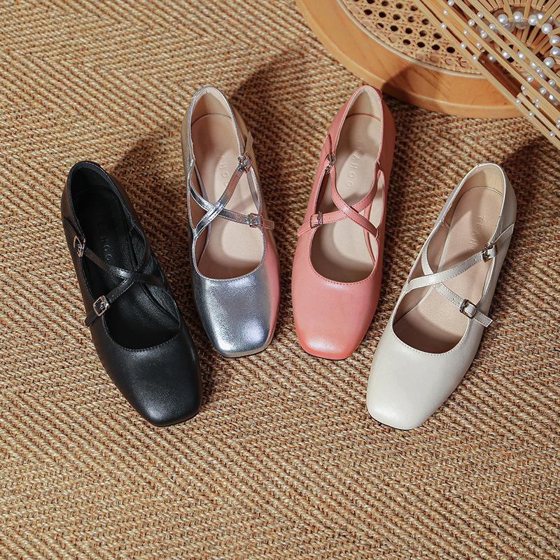 Retro Medium Thick Heel Women's Shoes Lightweight Mary Jane Shoes Cross Strap Square Toe Small Leather Shoes Shallow Mouth Casual Shoes