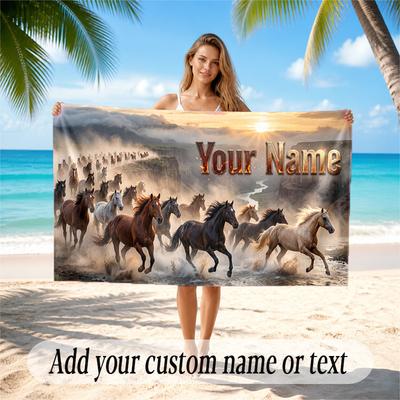 Toalla de Playa Secado Rápido Tema de Caballos Nombre Personalizado Impresión de Texto Toalla Grande Resistente a la Arena Vacaciones en la Playa