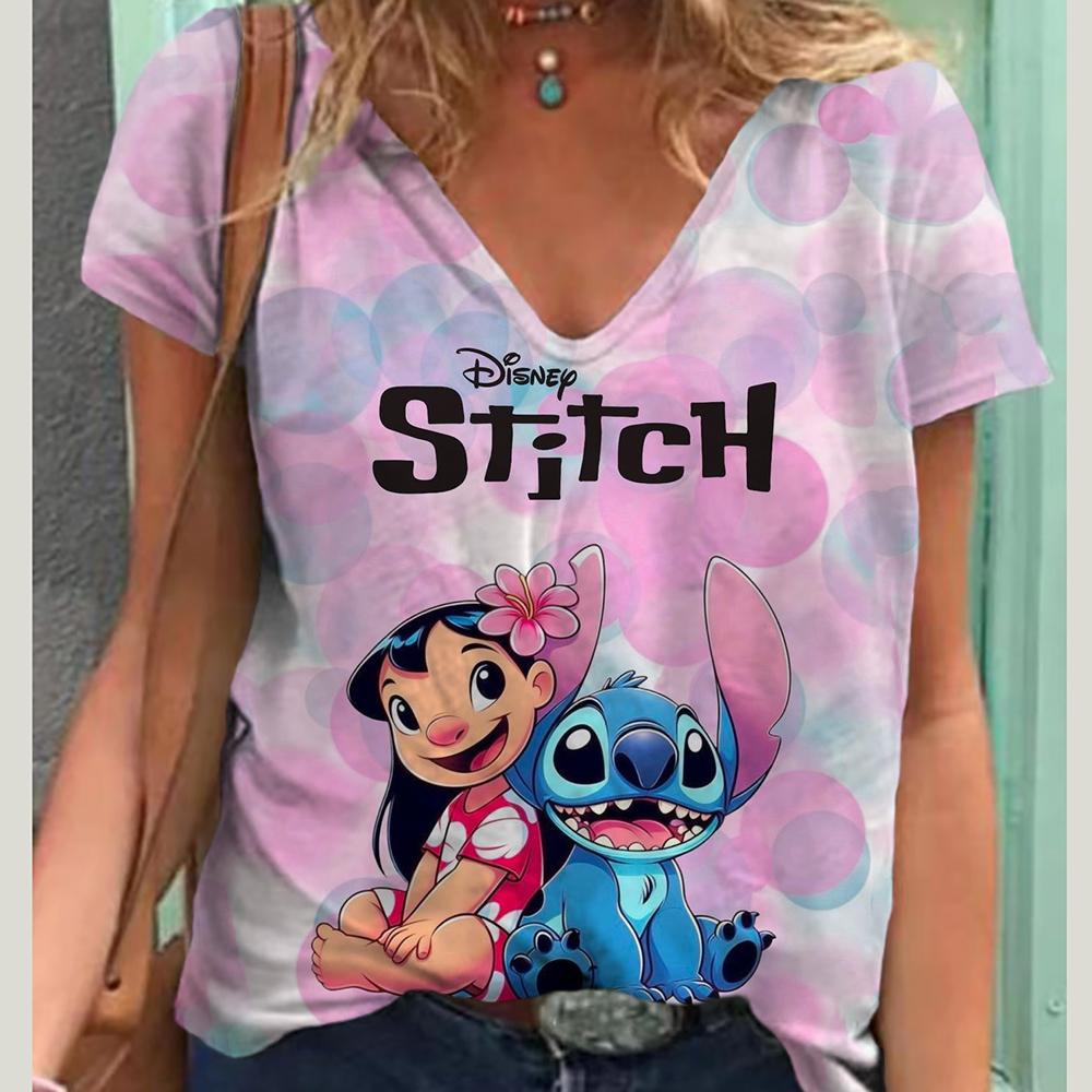 

Літня нова модна жіноча футболка Lilo&Stitch повсякденна коротка футболка Harajuku 3D друкована модна футболка V-подібним вирізом вулична вільна футболка великого розміру 5XL