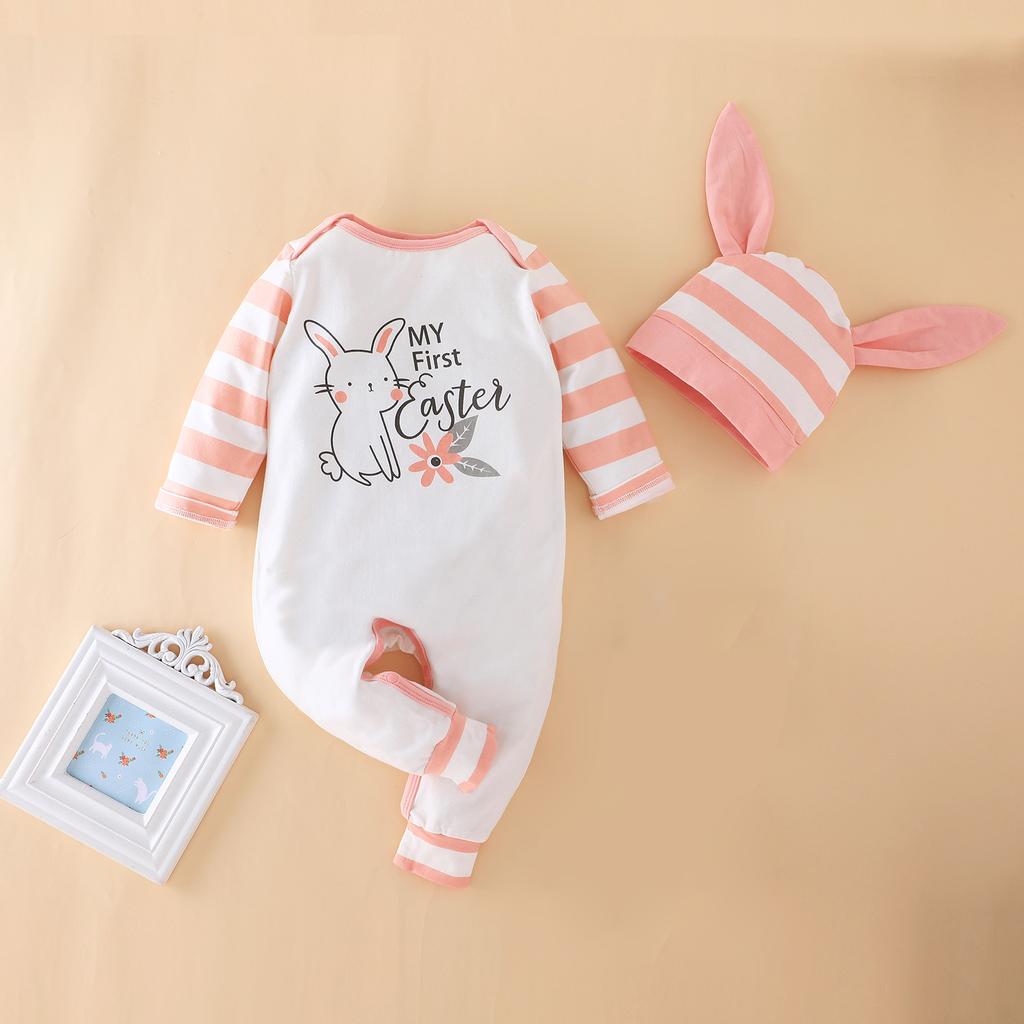 Newborn Infant Baby Easter Patchwork Striped Bunny Print Romper Jumpsuit Set