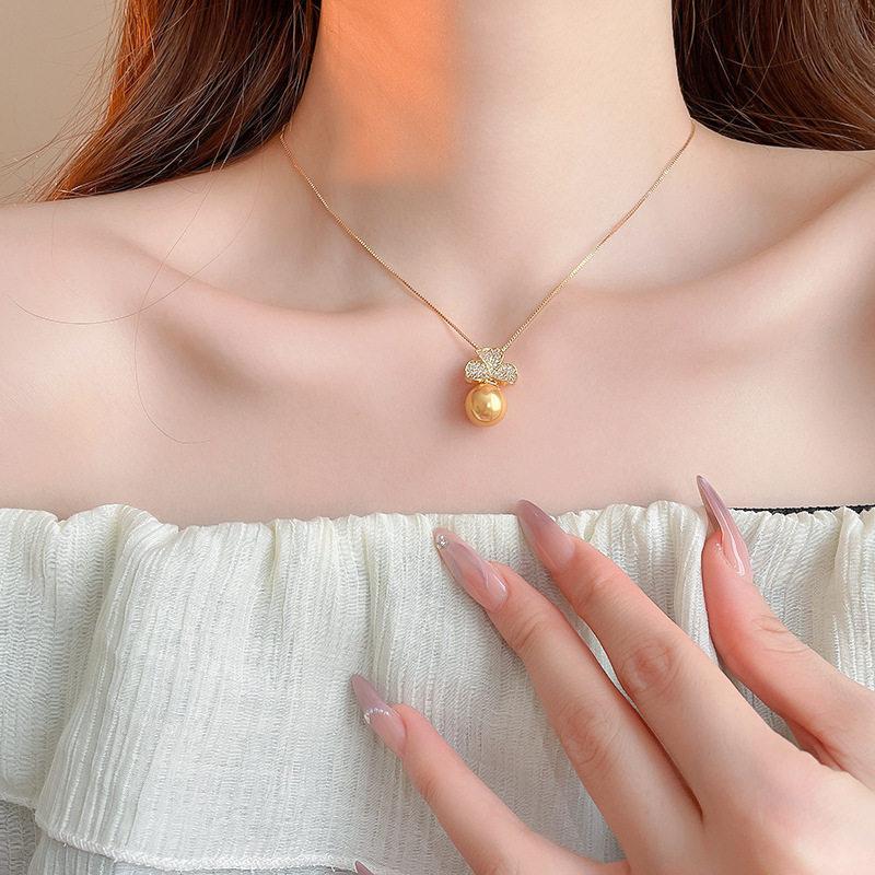 18k real gold electroplated retro zircon flower pearl necklace women's sweater chain light luxury necklace