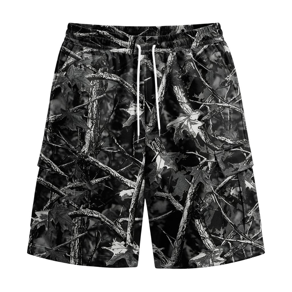 Pantalones Cortos Casuales para Hombre con Estampado de Árboles Camuflados, Cintura con Cordón, Bolsillos, Corte Holgado, Tejido Ligero y Transpirable para Uso Diario