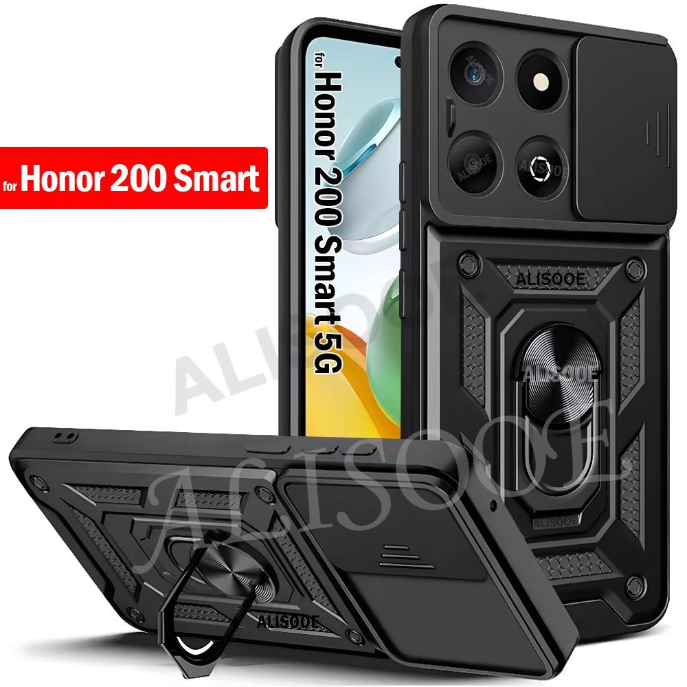 Funda for Honor 200 Smart Case Slide Camera Lens Ring Stand Holder Shockproof Phone Cover for Honor 200 Smart 5G Capa