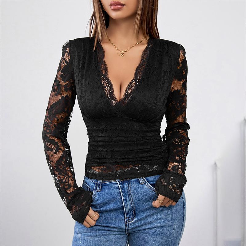 Autumn New Cross-border Sexy Elegant Style Lace Waist Cinched V-neck Black Temperament Top