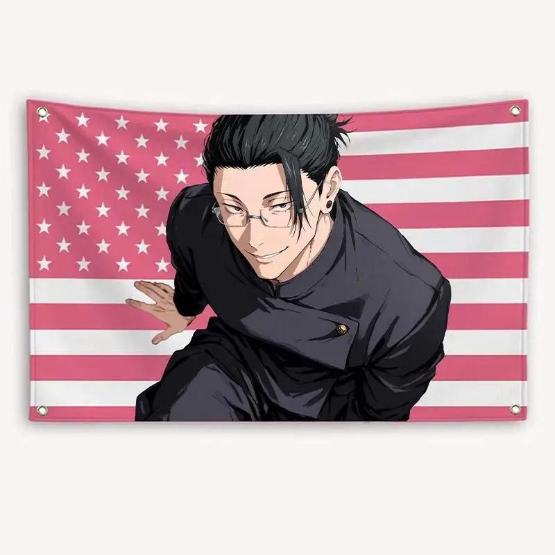Jujutsu Kaisen Gojo Pink American Flag Tapestry Polyester Anime Wall Hanging for Bedroom Living Room Decor Aesthetic Manga Merch 74x94cm(29x37in)
