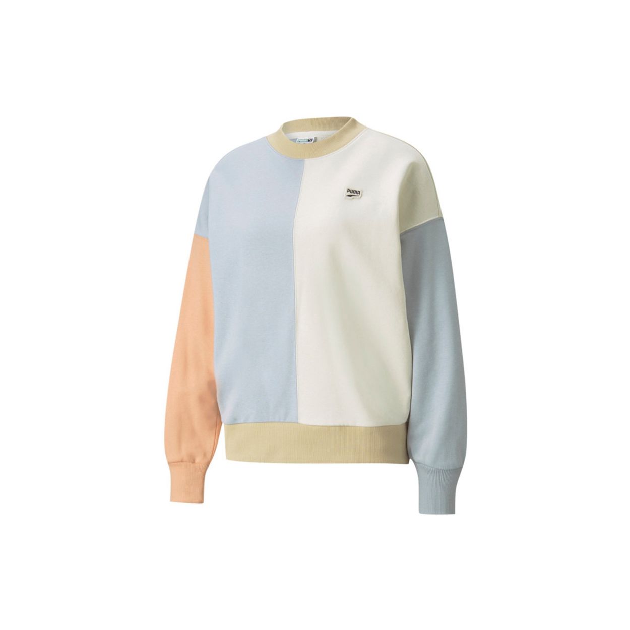 PUMA Downtown Oversized Crew Color Block Paneled Preppy Sports Crew Neck Pullover Sweatshirt Women s Ivory White S