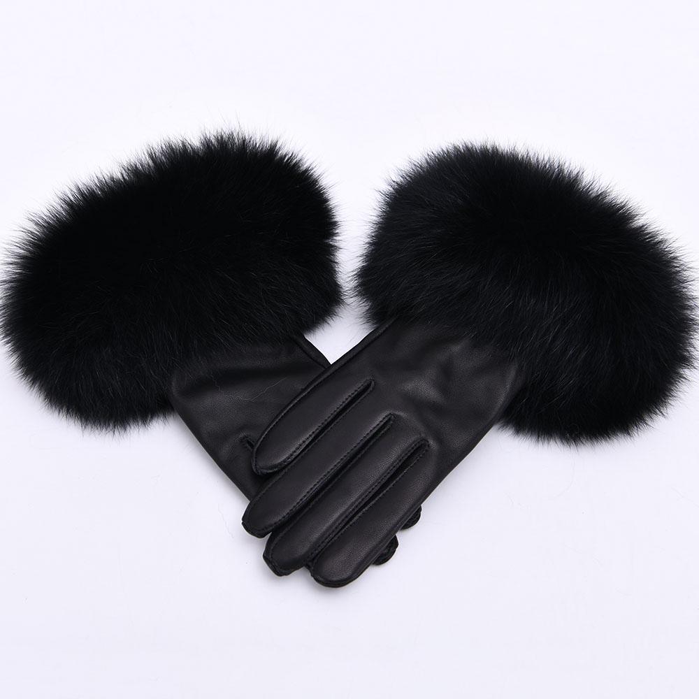 Jxwatcher Winter Women Warm Genuine Sheepskin Gloves Luxury Fur Trim Full Finger Fashion Leather Gloves