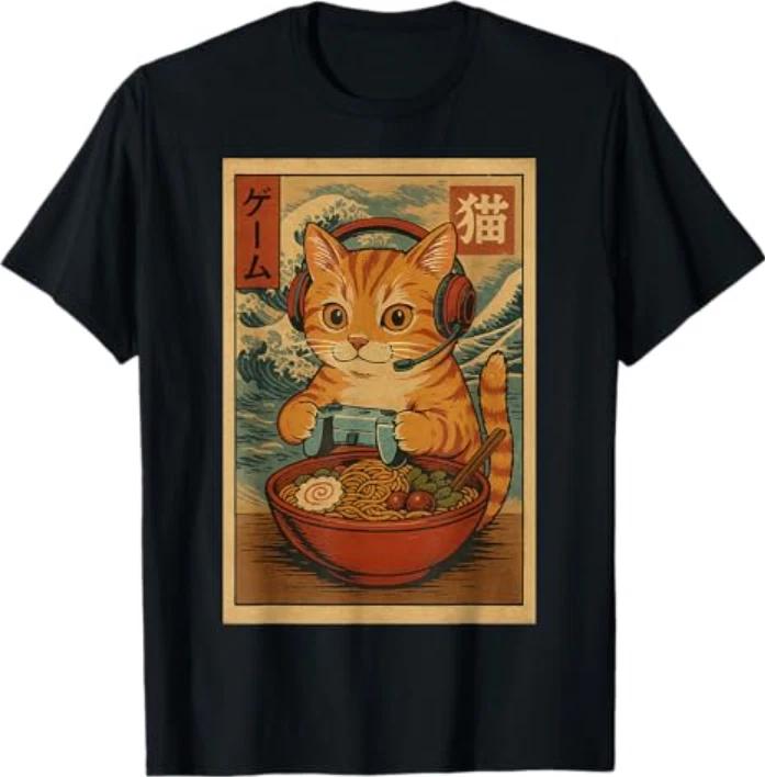 Kawaii Anime Gamer Cat Ramen Retro Japanese Gaming Funny T-Shirt 3XL