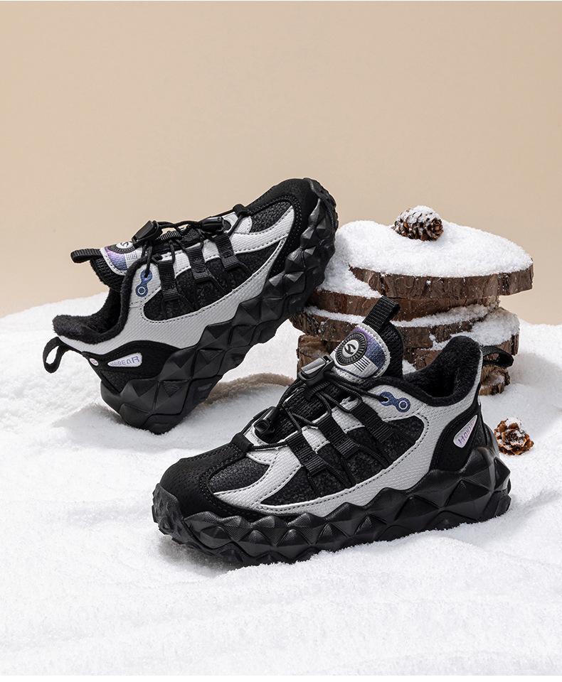 Happy Bear Plush-Lined Boys' Winter Cotton Sports Shoes - Lightweight, Cold-Resistant, Two-Layer Outdoor Running Shoes