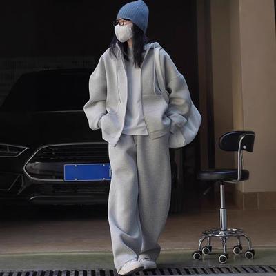 Autumn and Winter Casual Sports Suit Women's Cotton Hooded Sweater Jacket Fashion Wide-leg Trousers Two-piece Sweatpants