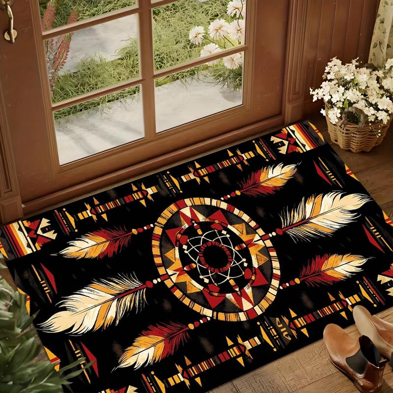 Boho Retro American Area Rug Dreamcatcher Feathers Tribal Decorative Carpet for Free Spirit Non-Slip Washable Floor Mat Doormat