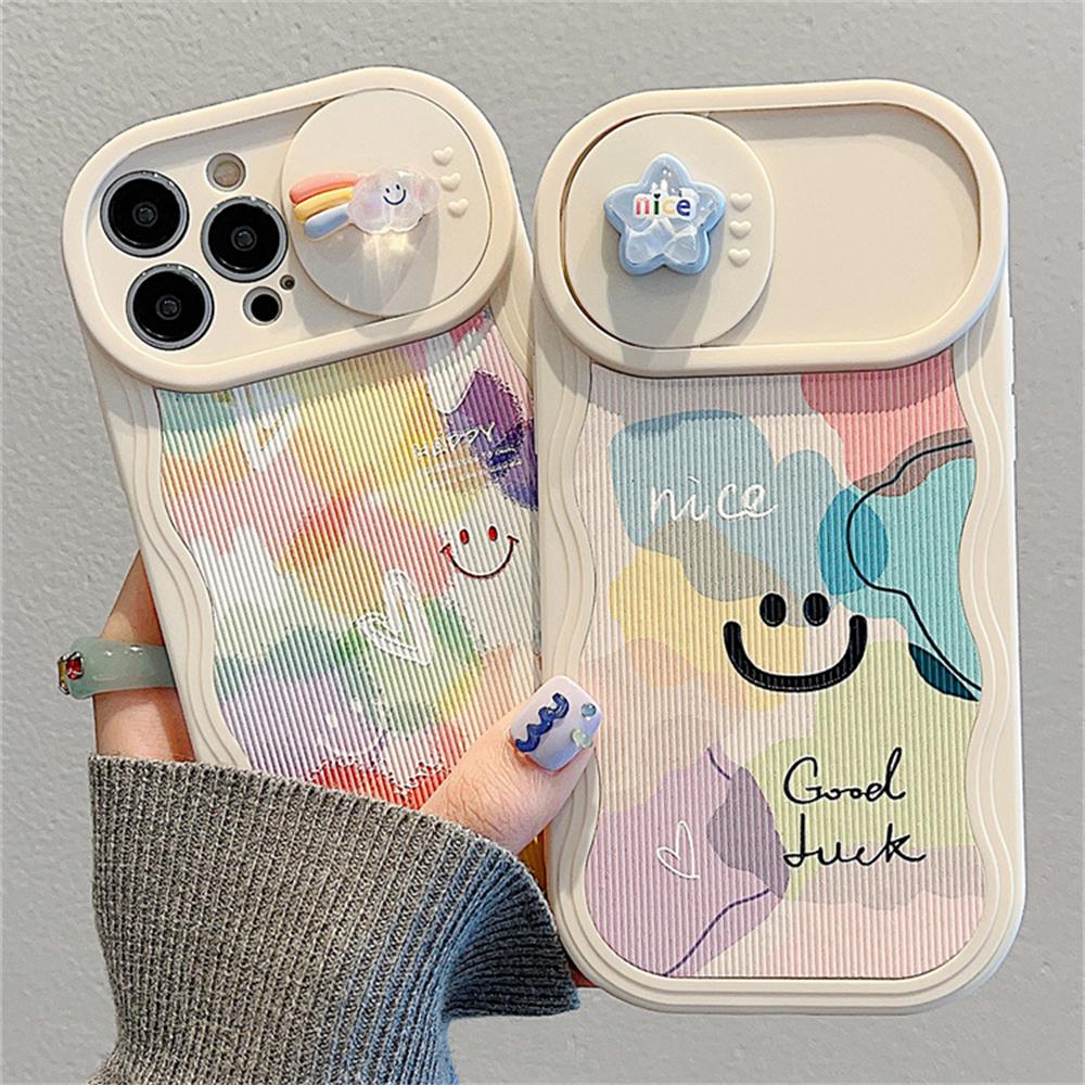 INS Cute 3D Star Rainbow Wave Edge Push Window Protective Silicone Soft Case for iphone 15 14 Pro Max 13 12 11 Shockproof Cover