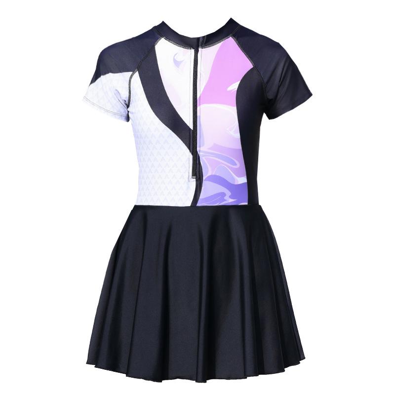 2026 Women's One-Piece Skirted Swimsuit, Short Sleeve, Plain Patchwork Design, Customizable.
