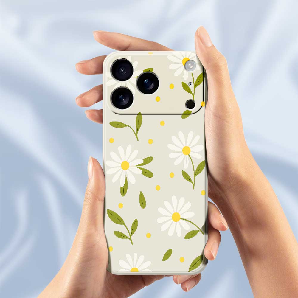 For iPhone 17 Pro Case White Flowers Green Leaves Pattern Printing Straight Edge TPU Phone Back Cover