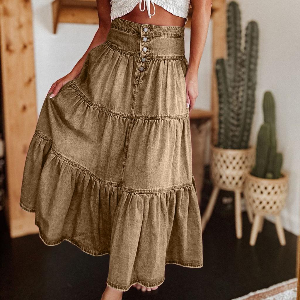 Ladies' Fashionable Retro Button Long Denim Skirt