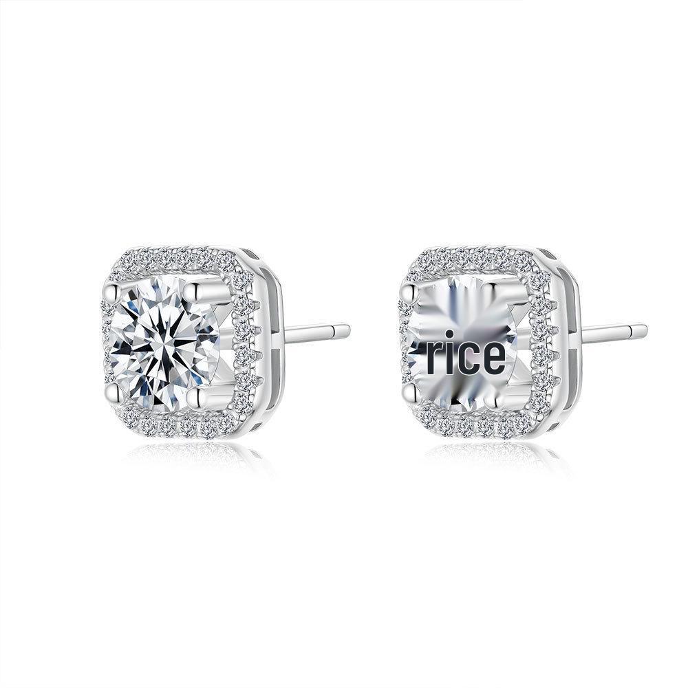 S925 Sterling Silver Zircon Sugar Cube Stud Earrings, Square Pillow Shape, Versatile Daily Silver Jewelry.