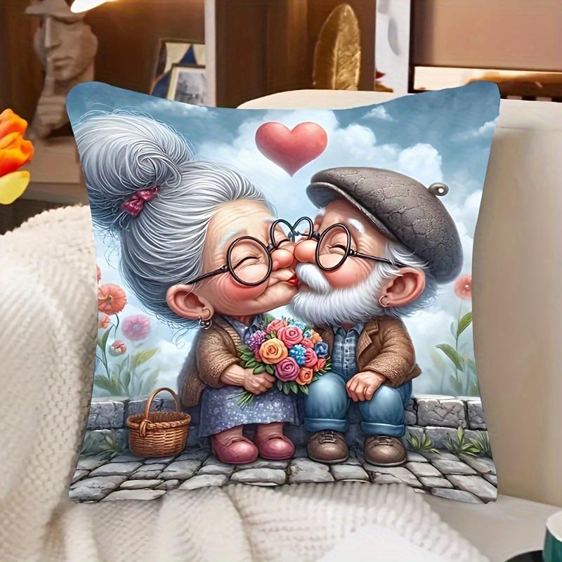 1Pc Elderly Couple Kissing Love Printed Throw Pillow Cover, Suitable For Sofa, Bedroom, Living Room, Romantic Gift For Spouse.