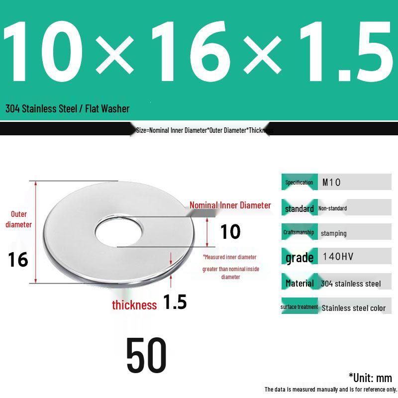 304 Stainless Steel Thickened Flat Washer Set, Sizes 2-36