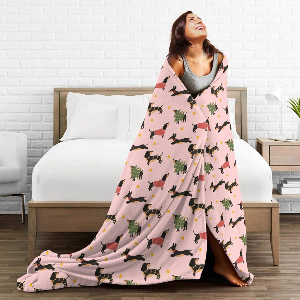 Dachshund Christmas Blanket Dogs Animal  Wool Throw Blanket Home Couch Printed Soft Warm Bedsprea