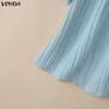 VONDA Summer Women Lapel Neck Solid Color Summer Short Sleeve Texture Casual Blouse Tops