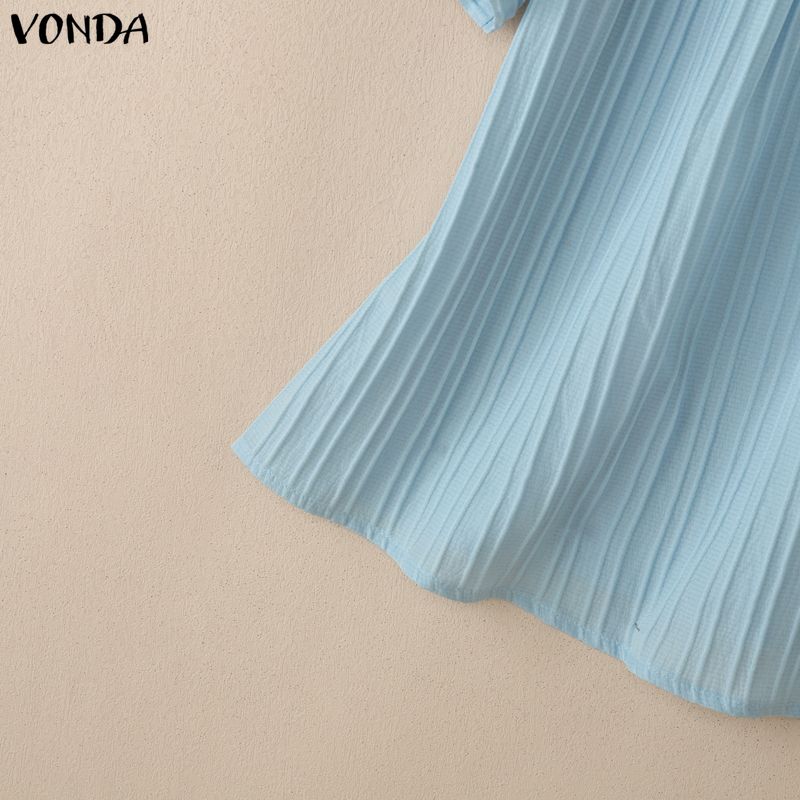 VONDA Summer Women Lapel Neck Solid Color Summer Short Sleeve Texture Casual Blouse Tops