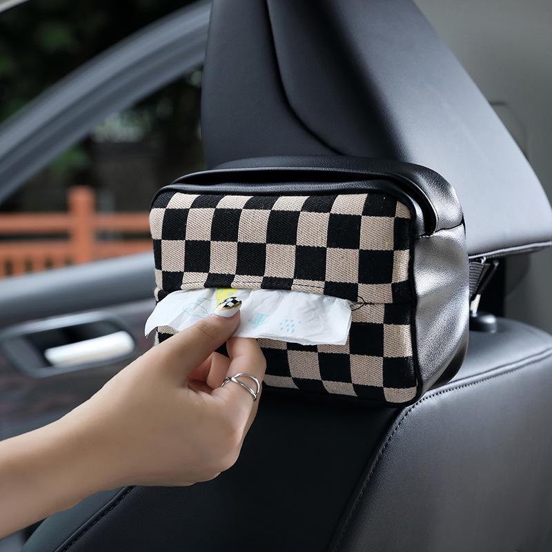 

European Style Houndstooth Car Tissue Box Drawer Seat Hanging Leather Bag 20*13*5.5 cm