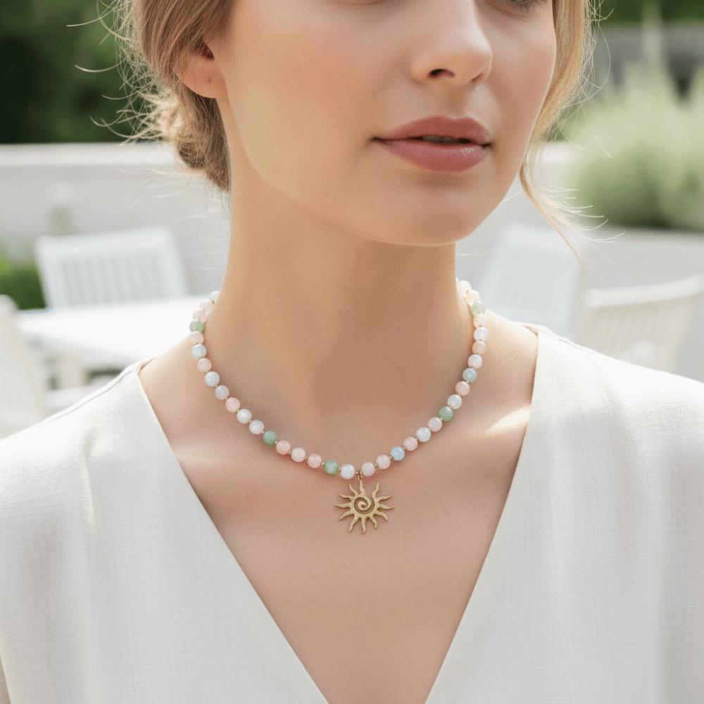 Gold Plated Beaded Bracelet Set UV Reactive Cat Eye Choker Sun Pendant Necklace  Women Gift