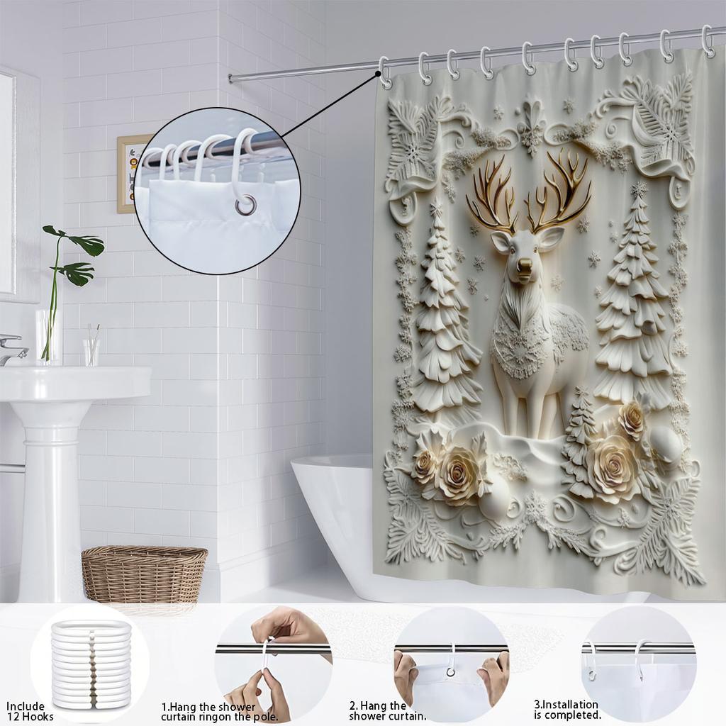 1PC Imitation Relief Christmas Reindeer Print Waterproof Shower Curtain Partition Privacy Hanging Curtain 12 Hooks Multiple Size