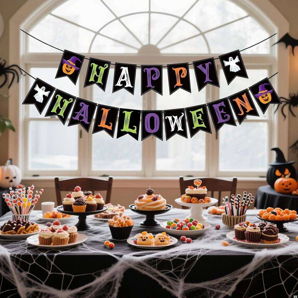 Halloween Decorations Indoor for Party, Happy Halloween Banner Decor, Scary Hanging Banner with Pumpkin Ghost Decorations for Office Home Room Mantel