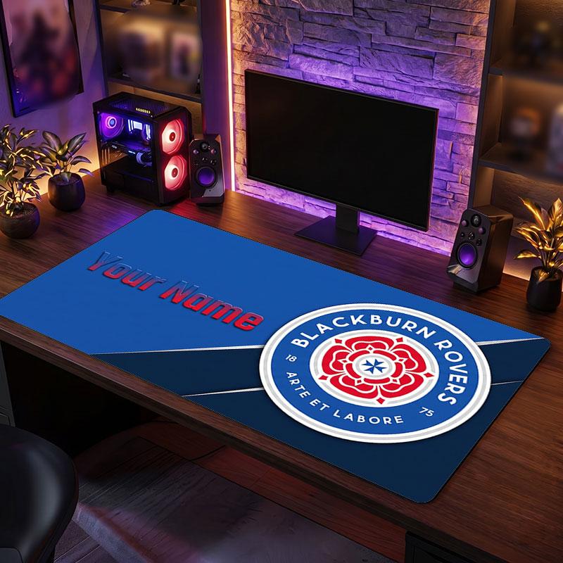 Blackburn Rovers FC Custom Large Mouse Pad, Personalized Name Text Print, Football Logo Non‑Slip Desk Mat Gaming Gift