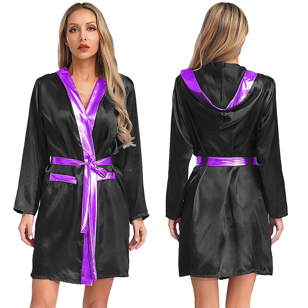 Damen Box Robe Halloween Cosplay Kostüm Langarm Offene Vorderseite Metallische Borte Satin Kapuze Umhang mit Gürtel