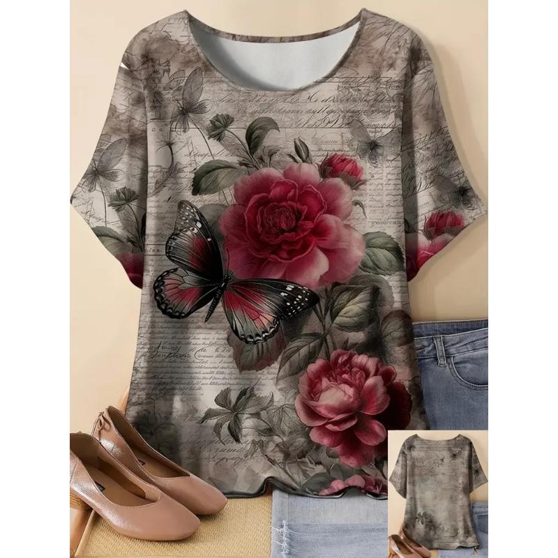 Fashion Women's Flower Short Sleeve Crew Neck T-Shirt 3D Flower Short Sleeve Crew Neck Short Sleeve