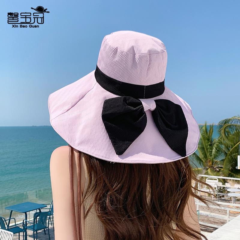 8490 Large Brim Bucket Hat Summer Outdoor Bow Visor Travel Vacation Vinyl Sunscreen Hat Women