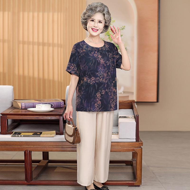 

Grandma s Summer Short Sleeve Pants Set - 2026 New Style for Middle-Aged & Elderly Women, Stylish Two-Piece Set XL (recommended for 50-55 kg) темно-синий