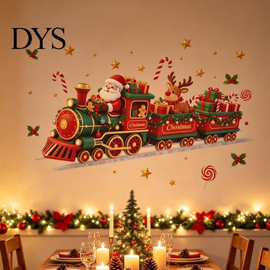 Holiday Glass Decals Christmas Train Wall Sticker, Santa Claus Reindeer Decals, Self Adhesive Kids Room Ornament Murals, Removable PVC Art Decor