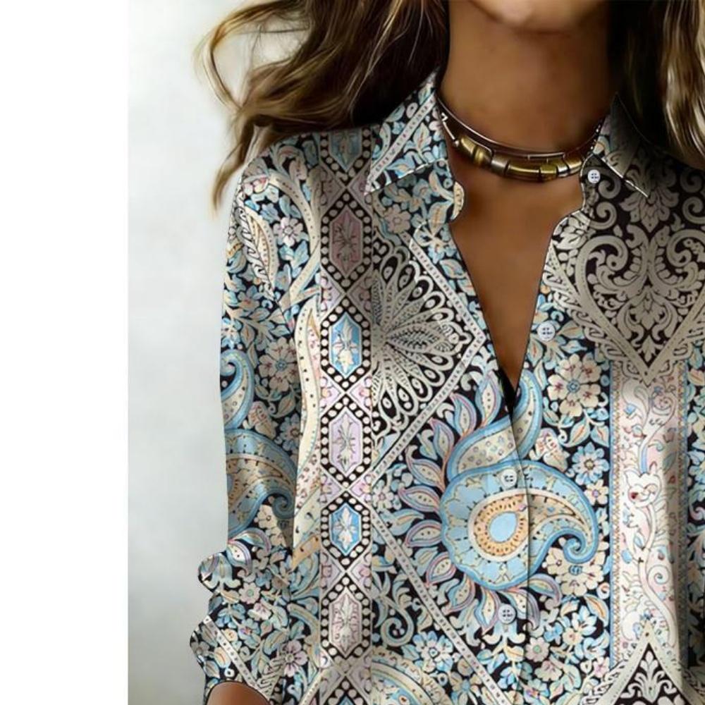 Bohemian-style Long-sleeved Blouse - Women's Casual Collar Button-down Shirt, Suitable for Spring, Casual Outfits and Daily Wear