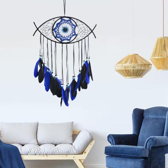 Boho Style Evil Eye Dream Catcher Handmade Blue Wall Hanging Woven Dream Catcher for Home Office Bedroom Living Room